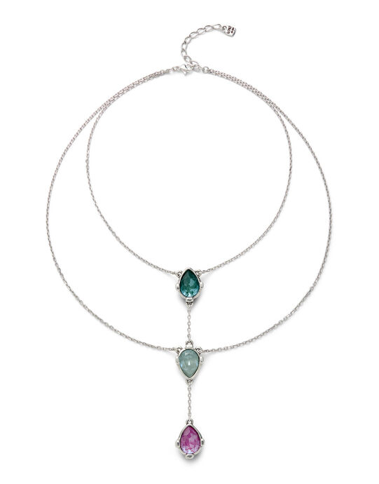 Double necklace with three drop-shaped pendants featuring multicoloured faceted crystals