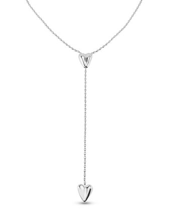 Silver-plated chain with two hearts, one adjustable in the center.