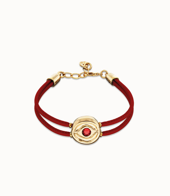 Pulsera doble de cuero rojo con ojo bañado en oro 18k