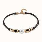 Collar corto con 4 tiras de cuero con eslabones ba&ntilde;ado en oro de 18k y perla en el centro