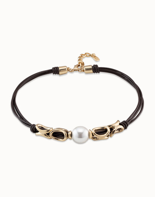 Short leather necklace with a central pearl, Golden, large