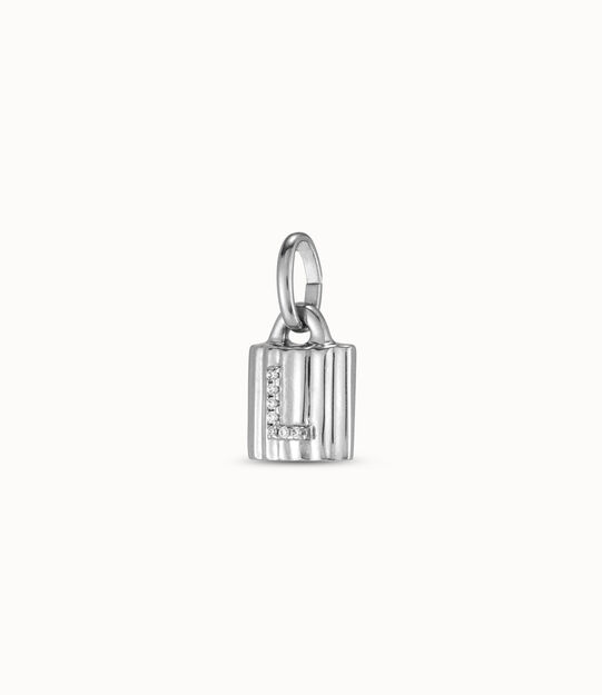 Sterling silver-plated padlock charm with topaz letter L, Silver, large