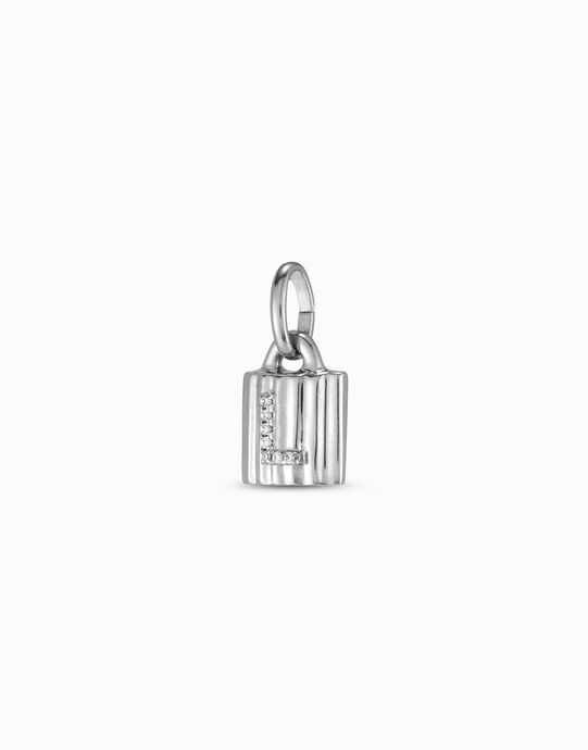 Charm candado ba&ntilde;ado en plata de ley con letra de topacios L, Plateado, large