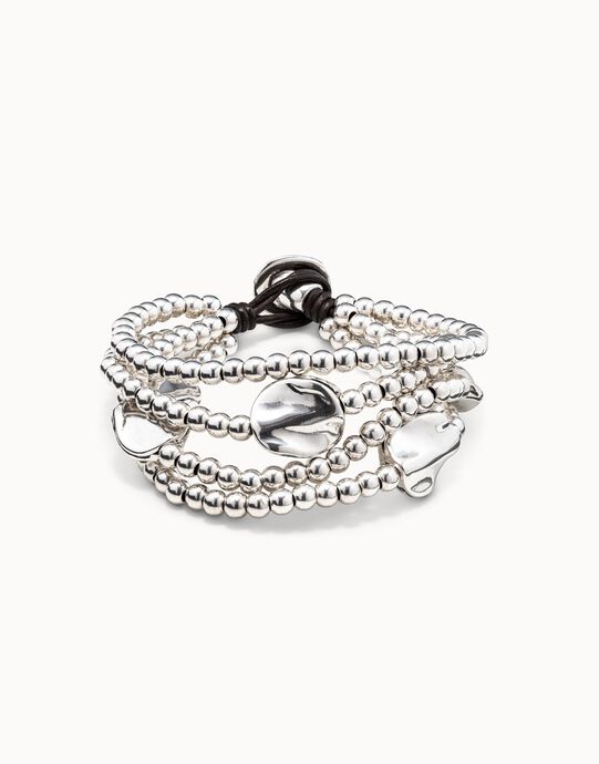 Pulsera de cuero marr&oacute;n y cuentas ba&ntilde;adas en plata de ley