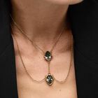 Double necklace with two drop-shaped pendants featuring grey faceted crystals