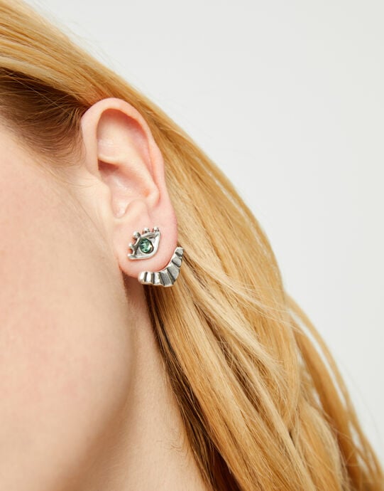 Eye-shaped stud earrings with verde crystal, Silver, large
