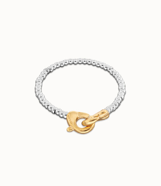 Pulsera de bolas pequeñas bañada en oro con mosqueton entrelazado en oro