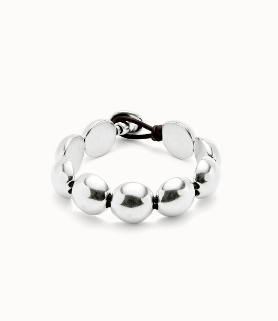 Pulsera de cuero con cuentas grandes redondas bañadas en plata de ley