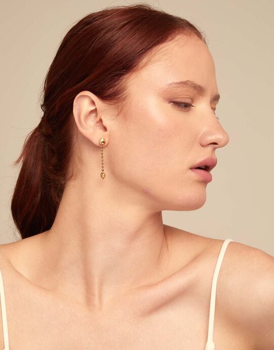 Drop earrings with small hearts, Golden, large