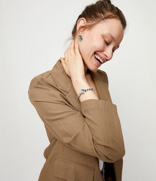Beaded bracelet with blue oval faceted crystal, Silver, large