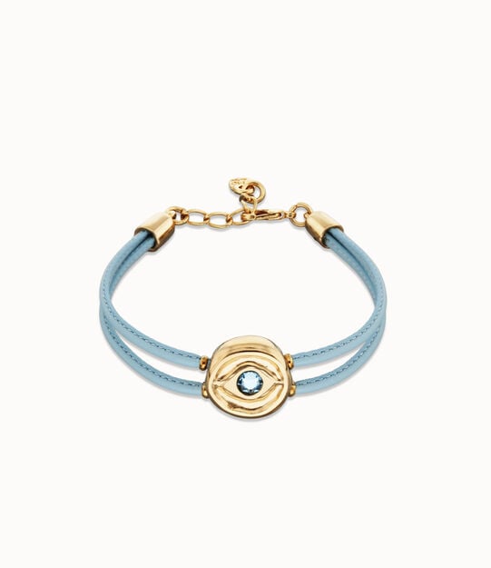 Pulsera doble de cuero celeste con ojo bañado en oro 18k