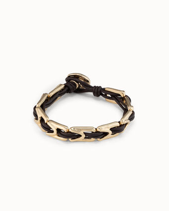Leather bracelet with gold metal alloy rectangular links and button clasp.