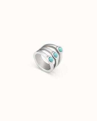 Anello placcato argento Sterling effetto tre anelli con 3 cristalli di Murano colore turchese