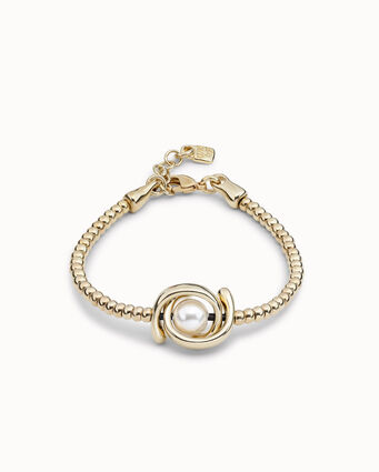 Bracciale elastico a un giro placcato oro 18k e perlina doppia luna e perla