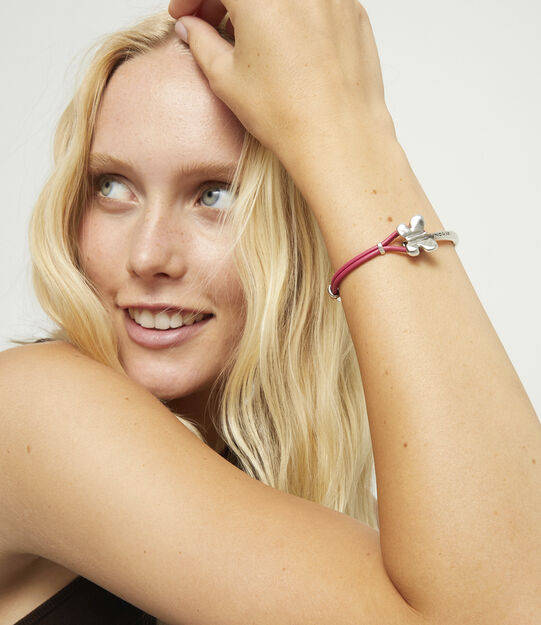 Pink leather bracelet with butterfly ornament, Silver, large