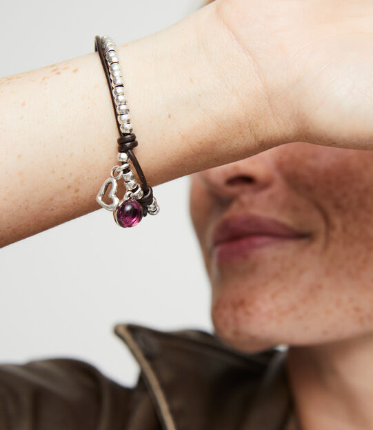 Leather beaded bracelet with purple murano glass, Silver, large