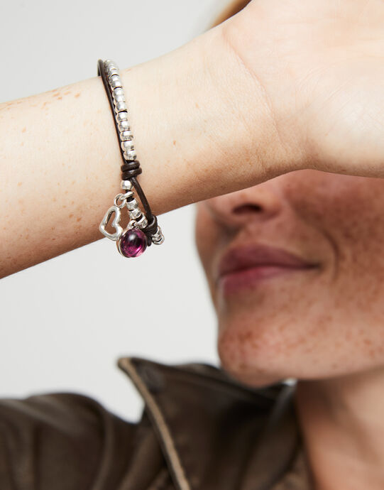 Pulsera ba&ntilde;ada en plata de ley con cuero y cristal  morado, Plateado, large
