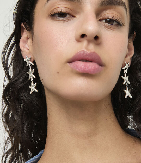 Long earrings with 3 starfishes, Silver, large