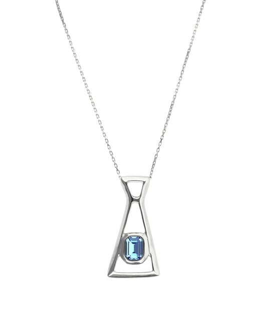Long necklace with pendant and rectangular blue faceted crystal