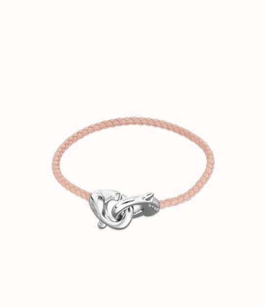 Pulsera de cuero rosa con mosquetón entrelazado en plata
