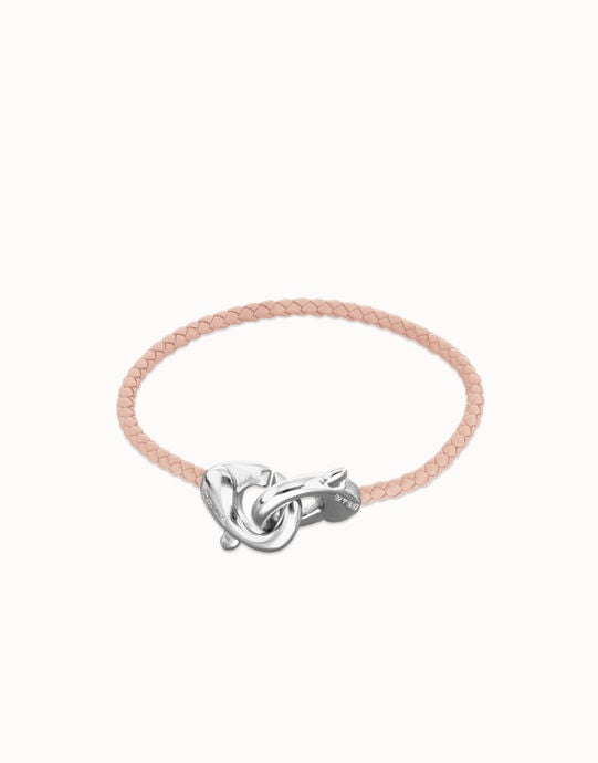 Pulsera de cuero rosa con mosquet&oacute;n entrelazado en plata