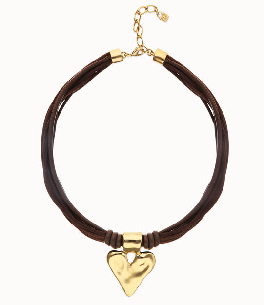 Brown leather and silk thread necklace with heart detail