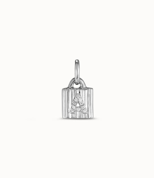 Charm candado bañado en plata de ley con letra de topacios A