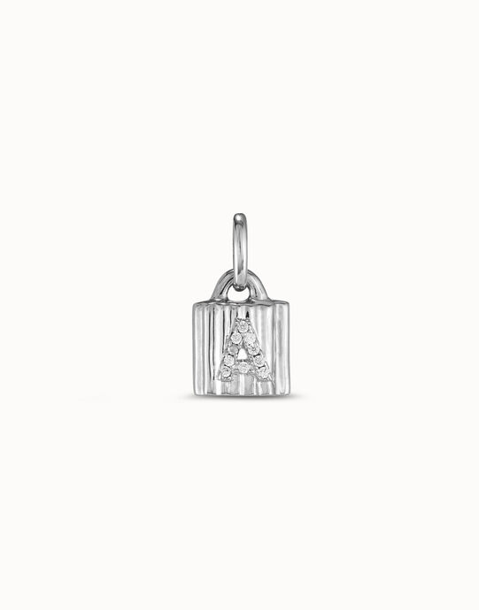 Charm candado ba&ntilde;ado en plata de ley con letra de topacios A