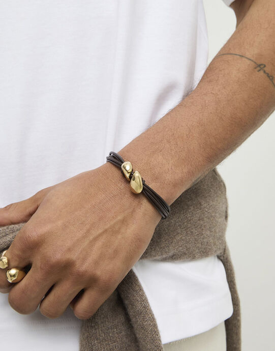Leather bracelet with two drops, Golden, large