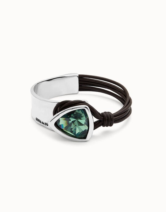 Pulsera r&iacute;gida ba&ntilde;ada en plata de ley con cuero y cristal facetado verde