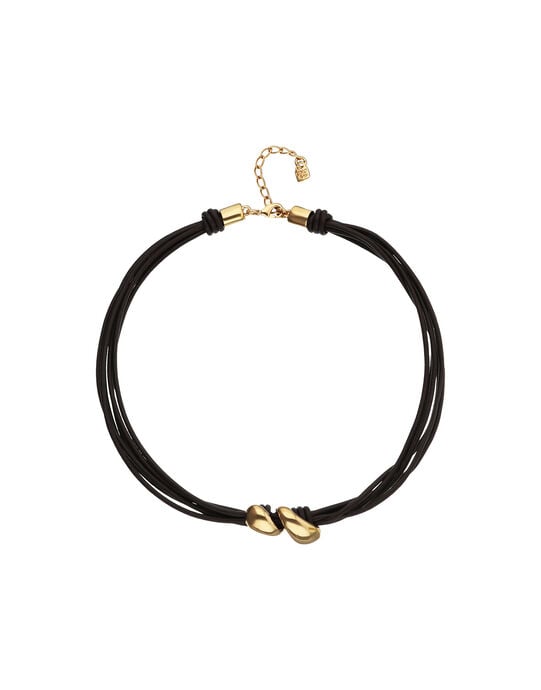 Collier court en cuir &agrave; deux gouttes dor&eacute;es