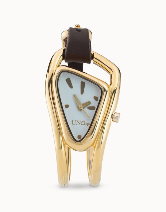 Montre en cuir et m&eacute;tal plaqu&eacute; or 18 carats