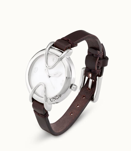 Sterling silver-plated watch with black leather strap and round white dial, Silver, large