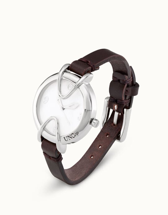 Reloj ba&ntilde;ado en plata de ley con correa de cuero negra, esfera redonda con interior en color blanco, Plateado, large