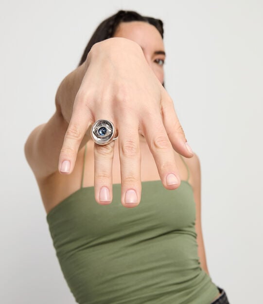 Eye-shaped ring with faceted blue crystal, Silver, large