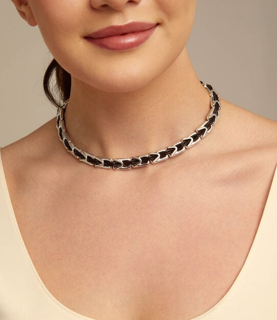 Short leather necklace with links, Silver, large