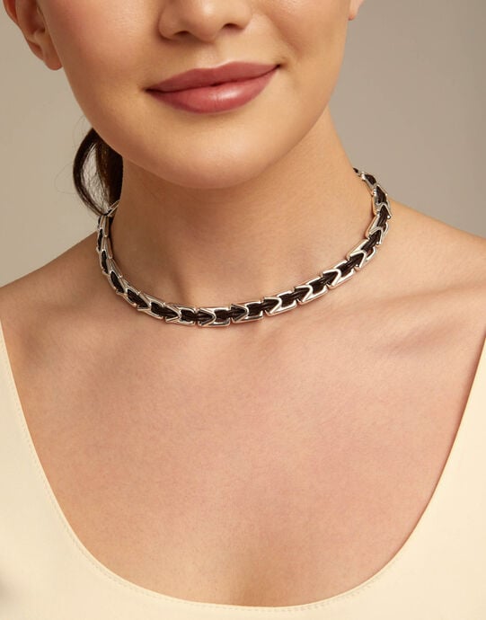 Short leather necklace with links, Silver, large