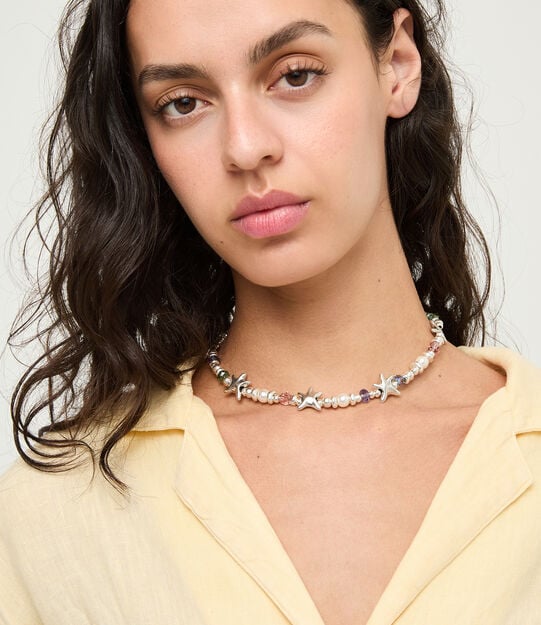 Short necklace with crystals and small starfishes, Silver, large