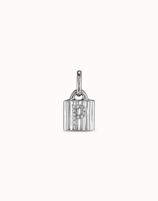 Charm candado ba&ntilde;ado en plata de ley con letra de topacios P