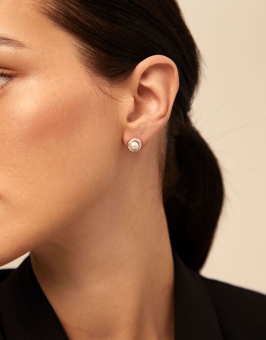 Stud earrings with pearl, Silver, large