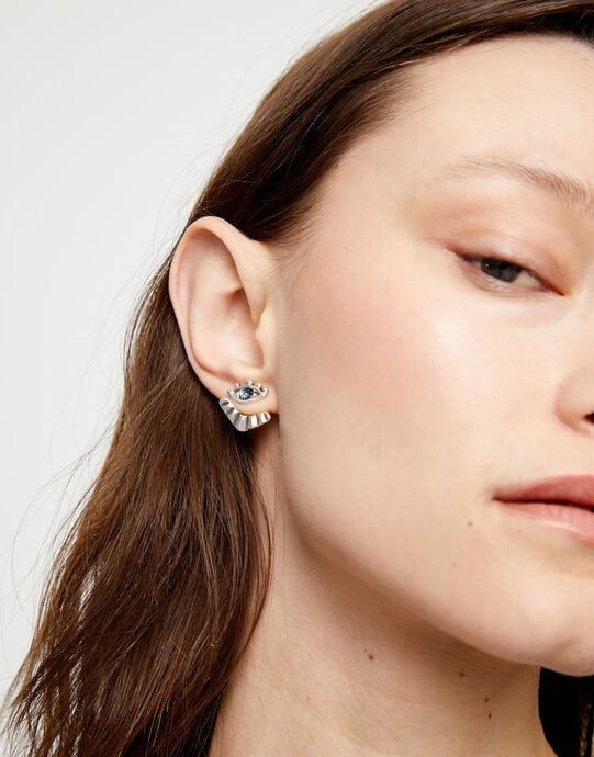Eye-shaped stud earrings with blue crystal, Silver, large