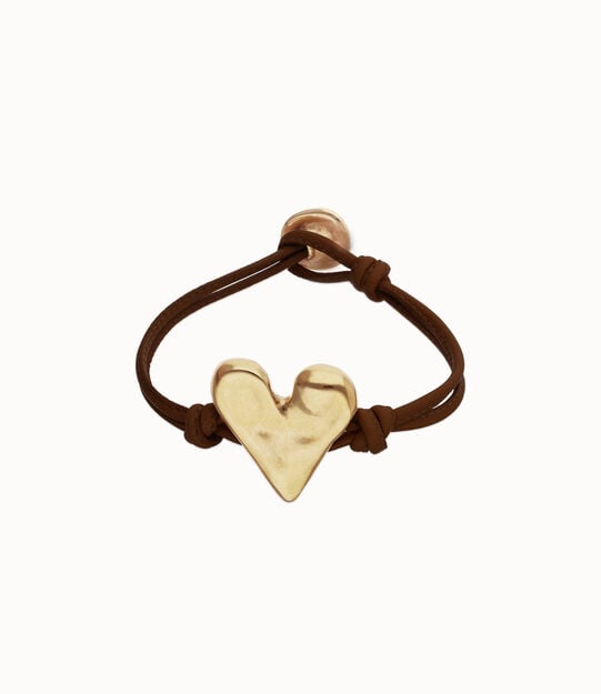 Bracelet en cuir marron avec c&oelig;ur plaqu&eacute; or 18k
