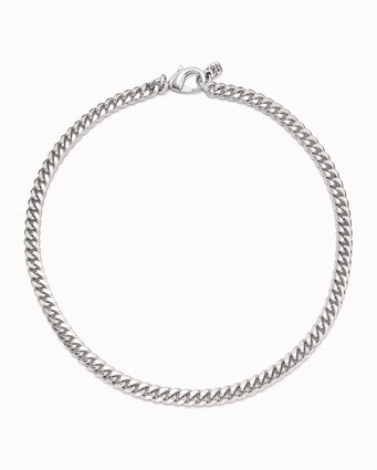 Silver-plated necklace with flattened curb chain and carabiner clasp