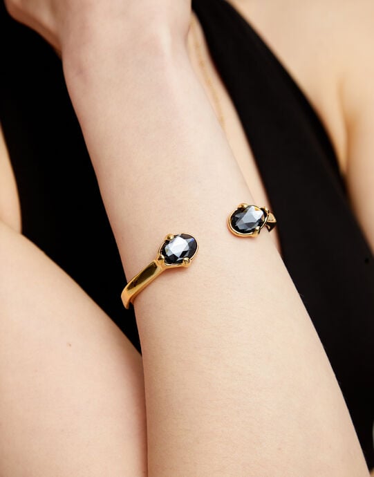 Bangle bracelet with two faceted black oval crystals, Golden, large