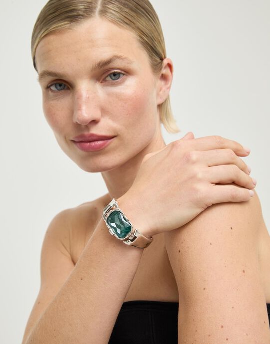 Rigid bracelet with a rectangular green faceted crystal, Silver, large