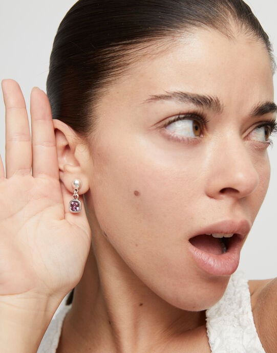 Drop earrings with pink crystal, Silver, large