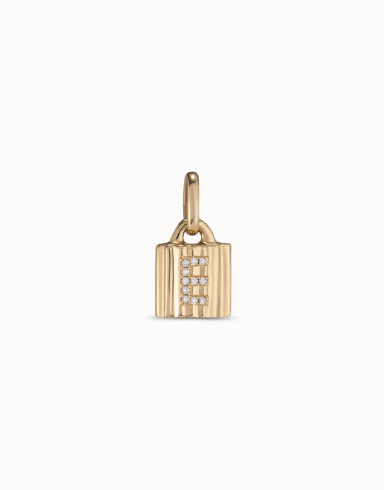 Charm candado ba&ntilde;ado en oro de 18K ley con letra de topacios E
