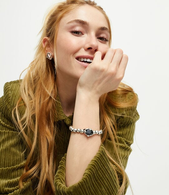 Beaded bracelet with oval faceted black crystal, Silver, large