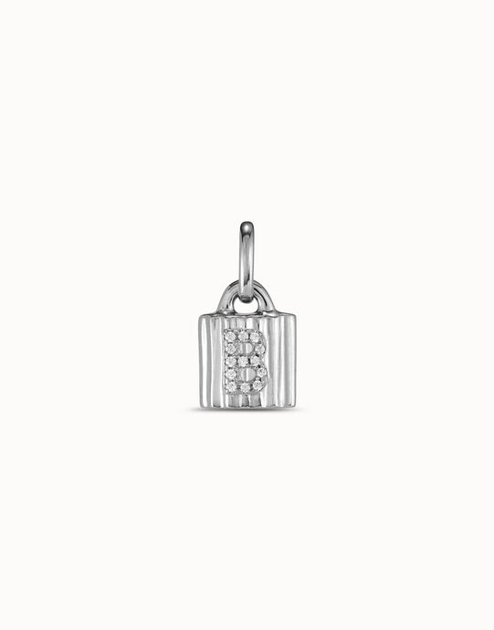 Charm candado ba&ntilde;ado en plata de ley con letra de topacios B