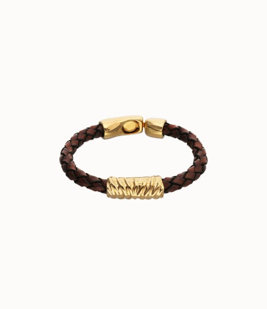 Pulsera de cuero trenzado marr&oacute;n y detalle ba&ntilde;ado en oro 18k